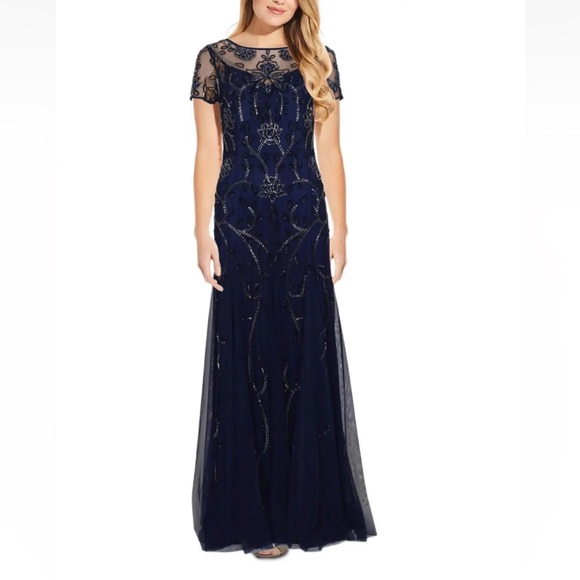 adrianna papell midnight blue dress Bridgerton Daphne Blue Satin Dress With Lace main image 0